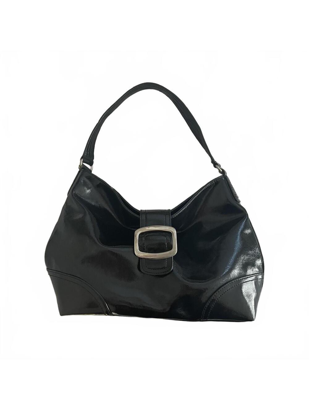 Rare Vintage 90s Nine West Black Vegan Patent Y2K Buckle Slouch Shoulder Bag